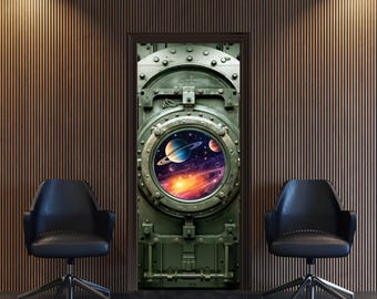Space Door Sticker with Porthole, 3D Galaxy Door Mural, Sci-Fi Space Decor, Cosmic Door Wrap, Astronaut Themed Decor, Metal porthole doors
