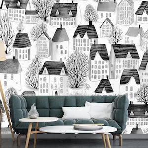 Zwart-wit huisbehang, kunst aan de muur kinderstad, cartoon stadsmuurschildering, kinderkamerbehang, kunst aan de muur kinderhuis