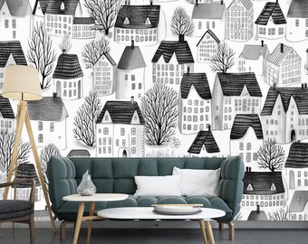 Black and White Town Wallpaper: Kids Nursery Mural