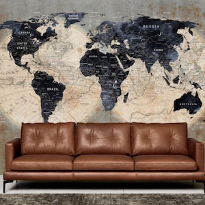 Papier peint carte du monde vintage, carte murale de voyage en toile, décoration murale carte du monde détaillée, art mural carte du monde bleu foncé
