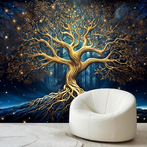 Carta da parati con l'albero della vita, murale con la mitologia dell'albero delle fate, stampa murale con la meditazione, carta da parati con la foresta delle fiabe, decorazione murale con i chakra