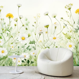 Papier peint fleurs sauvages, décoration murale fleurs, décoration florale blanche, art mural marguerite douce, papiers peints fleurs vintage