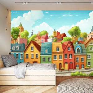 Little fairy-tale town Wallpaper, Colorful houses Wall Art, Merry Street Wallpaper, cartoon town mural print, colorful nursery decor