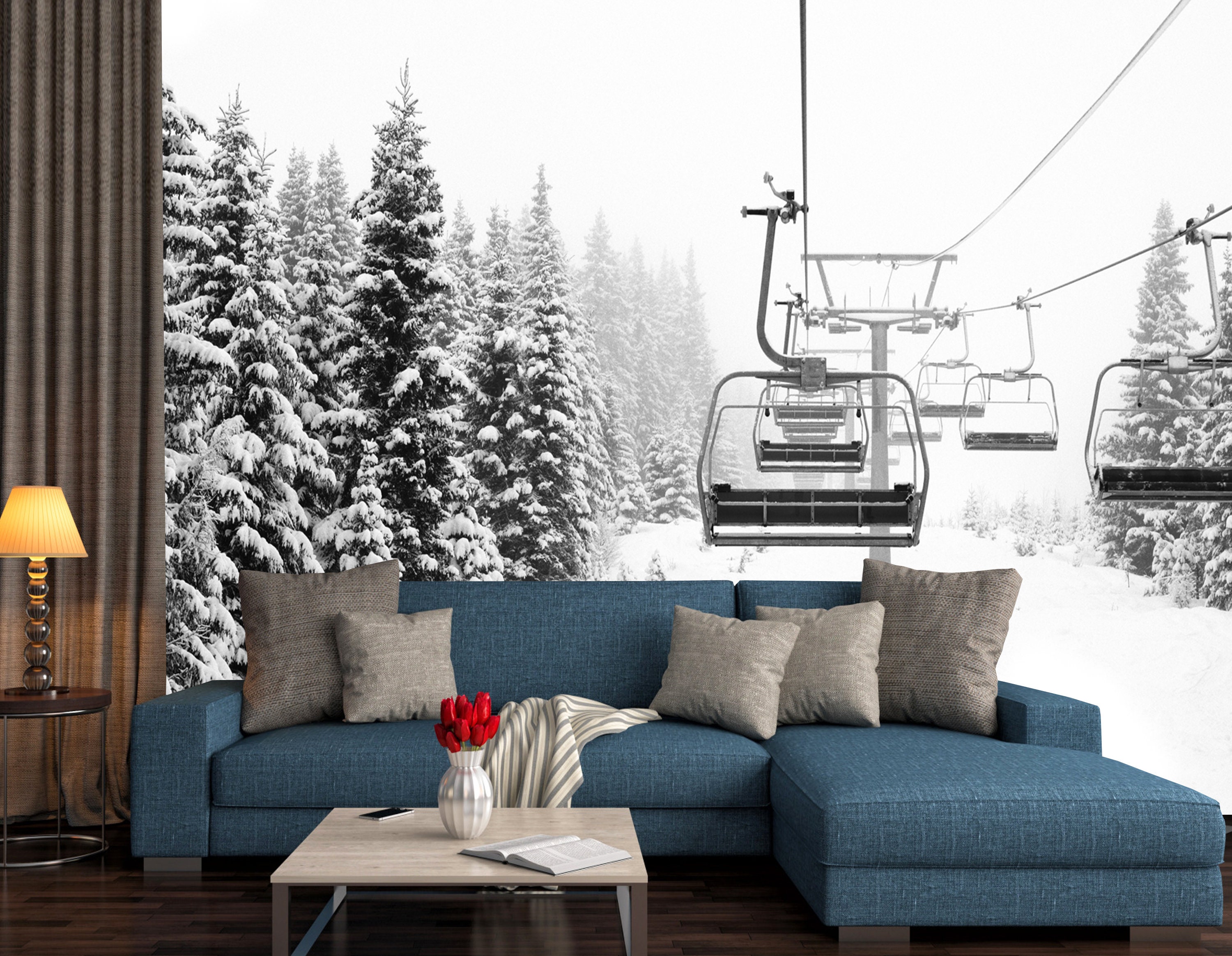 Ski Lift Wallpaper Snow Mountain Wall Art Winter Sports - Etsy