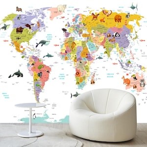 Mapa mundi colorido para crianças, papel de parede, mapa de animais, mural de parede, decoração de mapa mundi, arte de parede de animais
