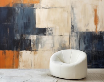 Modern Geometric Wallpaper, Industrial Grunge Decor, Abstract Mural, Neutral Beige Blue Rust Wall Art, Peel and Stick or Vinyl Wallpaper