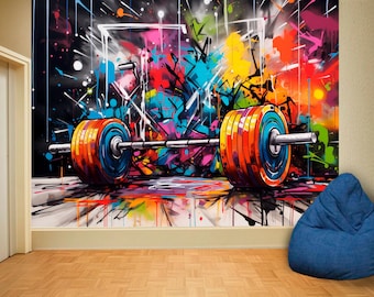 May include: A colorful abstract graffiti mural with a barbell and weight plates in the center. The barbell is silver and the weight plates are orange, red, and blue.