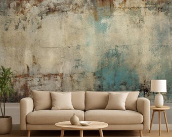 Mural de papel pintado grunge vintage: textura rústica desgastada con detalles en verde azulado y óxido: decoración de paredes estilo loft industrial