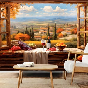 Finestra aperta sui campi della Toscana Wallpaper, Arte murale Toscana, Finestra aperta sui campi di vino d'Italia murale, Stampa di carta da parati acquerello