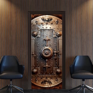 May include: A large, metal vault door with intricate details and a circular lock in the center. The door is a dark gray color with hints of gold and rust. The door is set against a backdrop of brown wood paneling.