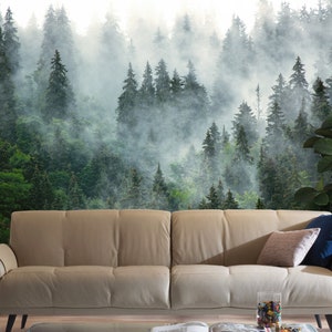 Papier peint forêt brouillard, papier peint forêt verte, décoration murale forêt, décoration d'arbres