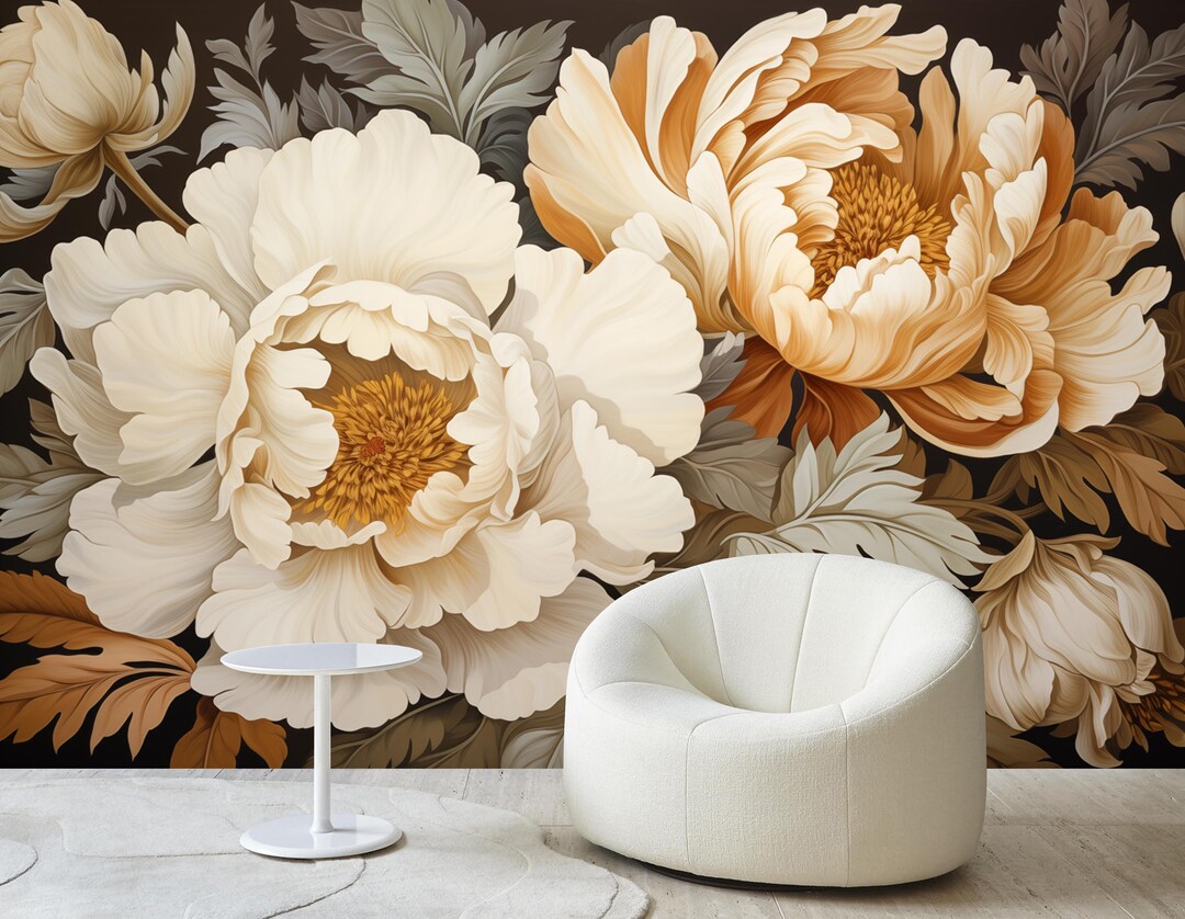 Peony Wallpaper, Big Flowers Wall Mural, Dark Floral Decor, Soft Peony ...