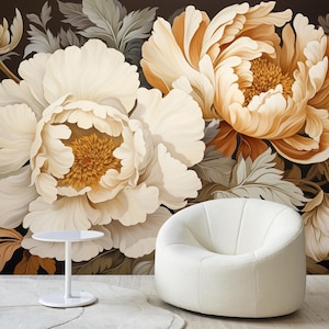 Peony Wallpaper Mural: Dark Floral, Vintage Watercolor Wall Decor