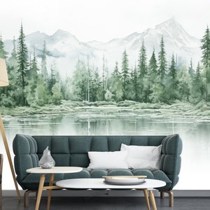 Watercolor trees mountains reflection in water mural, Fog forest wallpaper, Green forest wallpaper, Forest wall mural, Trees decor
