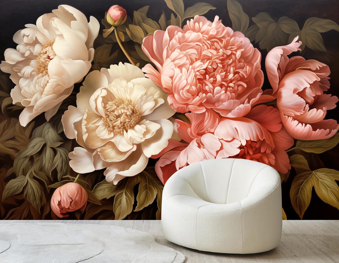 Large Peonies Wallpaper: Dark Floral Wall Mural, Soft Pink Peony Decor ...
