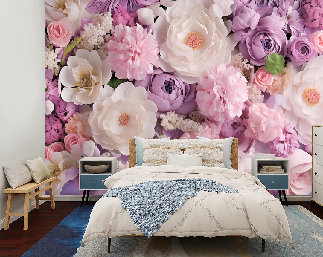 Peony Flower Wall Mural: Pink, Purple & White Floral Wallpaper - Etsy