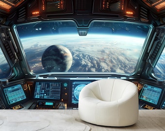 Futuristic Spaceship Wall Mural, Sci-Fi Space View Wallpaper, Galaxy Window Wall Art, Space Station Interior Decor, Kids Room Wall Decor