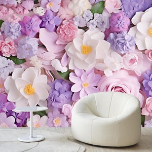 Papier peint fleurs blanches roses violettes, décoration murale grandes fleurs, décoration murale florale, art mural fleurs douces, beaucoup de papiers peints fleurs délicates