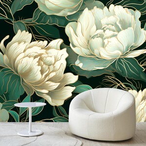 Papier peint vintage pivoines blanches, décoration murale grandes fleurs, décoration florale sombre, art mural pivoine douce, papiers peints fleurs vintage