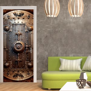 May include: A decorative door sticker featuring a vintage-style metal vault door with intricate details and a large circular lock.