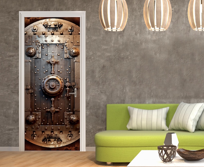 May include: A decorative door sticker featuring a vintage-style metal vault door with intricate details and a large circular lock.
