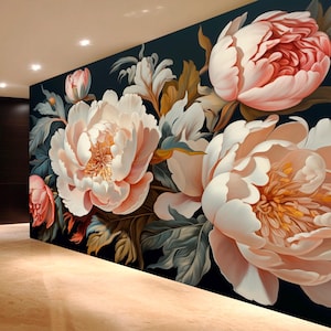 Papier peint vintage pivoines blanches, décoration murale grandes fleurs, décoration florale sombre, art mural pivoine douce, papiers peints vintage belles fleurs
