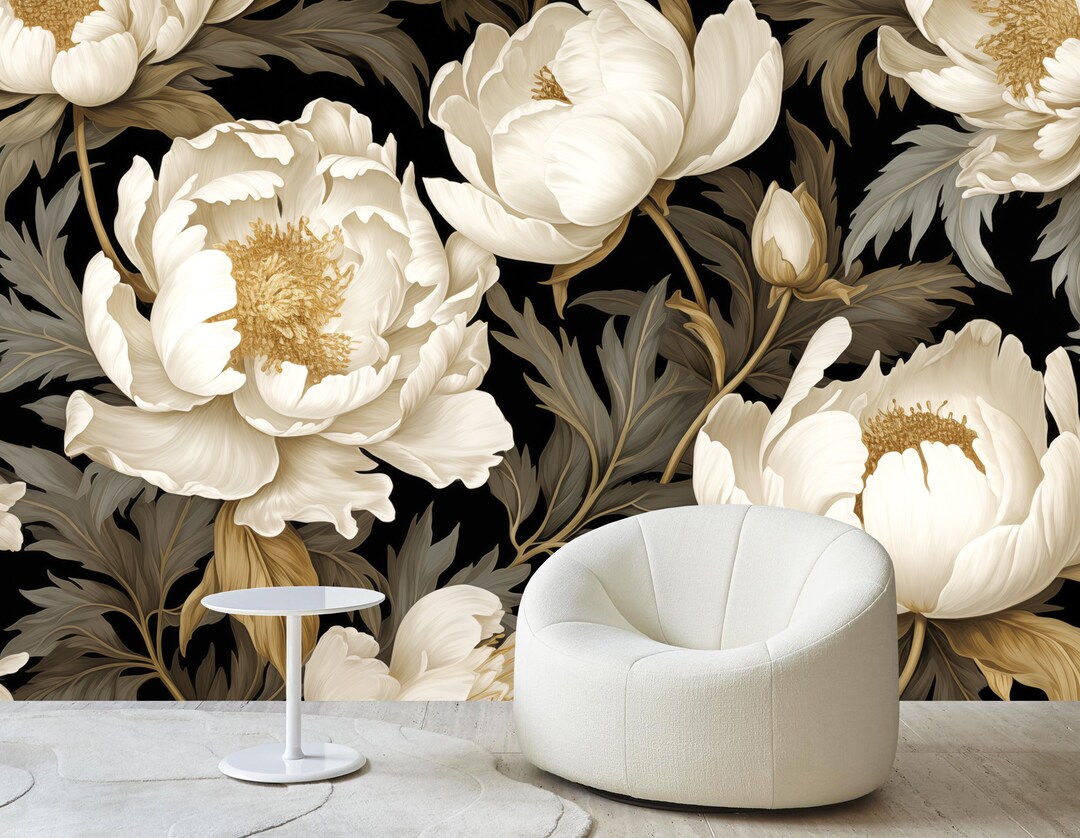 Vintage White Peonies Wallpaper, Big Flowers Wall Mural, Dark Floral ...