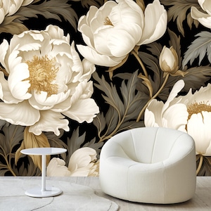 Papier peint vintage pivoines blanches, décoration murale grandes fleurs, décoration florale sombre, art mural pivoine douce, papiers peints fleurs vintage