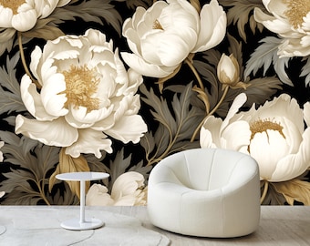 Vintage White Peonies Wallpaper, Big Flowers Wall Mural, Dark Floral Decor, Soft Peony Wall Art, Vintage flowers wallpapers