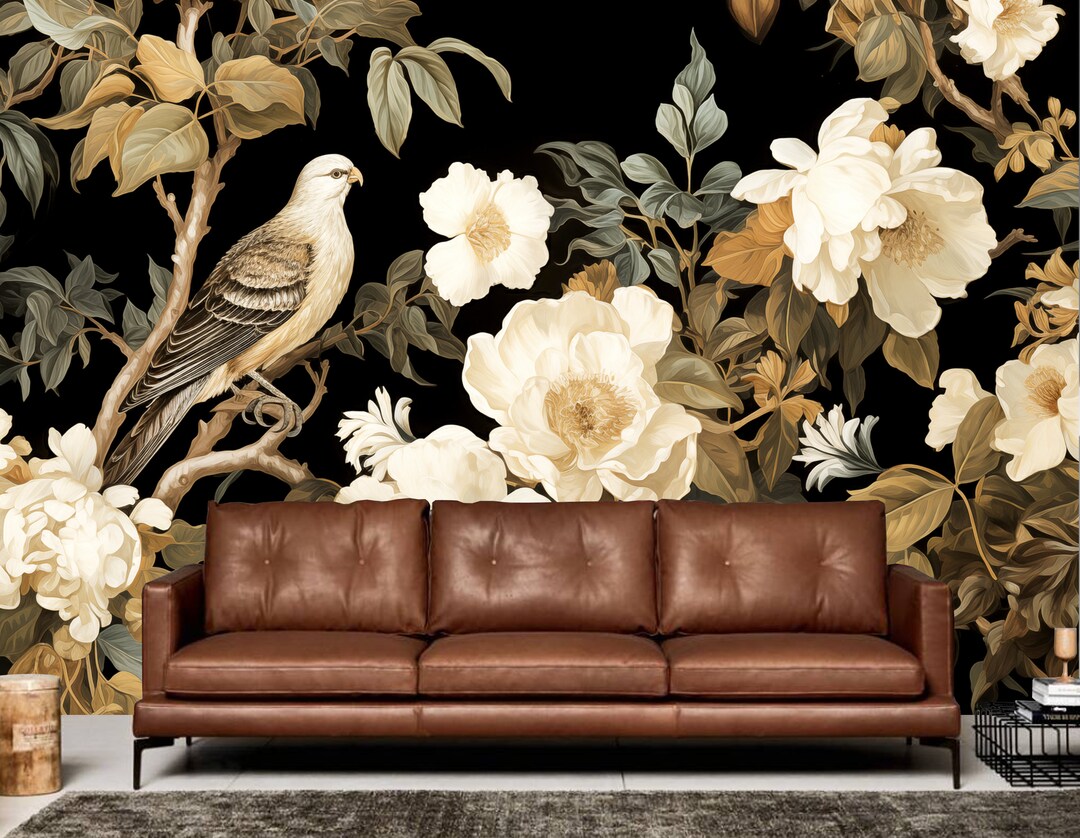 Vintage Peonies Wallpaper Mural: Dark Floral Wall Art - Etsy