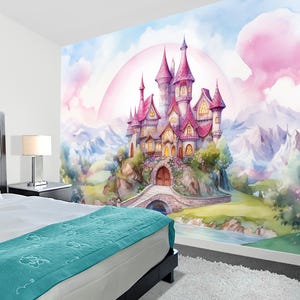 Fondo de pantalla de un castillo de dibujos animados para una princesa, mural de pared con dibujo de acuarela de un castillo, arte de pared con un castillo de cuento de hadas suave, decoración de un castillo mágico de color rosa