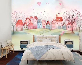 Cartoon Houses Wall Mural: Fairyland Kids Room Decor Wallpaper