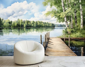 Lake Wallpaper Mural, Birch Forest Wall Mural, Nature Wall Mural, Peel and Stick or Vinyl Wallpaper, Lake House Decor, Dock Wallpaper