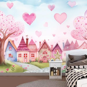Little fairy tale houses Wallpaper, Cartoon houses Wall Mural, kids room decor, Fairyland Wall Art, Heart wall decor, cute houses art, tale