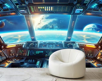 Futuristic Space Wall Mural, Spaceship Cockpit View Wallpaper, Galaxy Wall Decor, Sci-Fi Wall Art, Self Adhesive or Vinyl Wallpaper