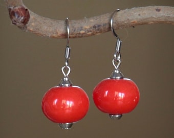 Red/stainless steel/ceramic porcelain earrings