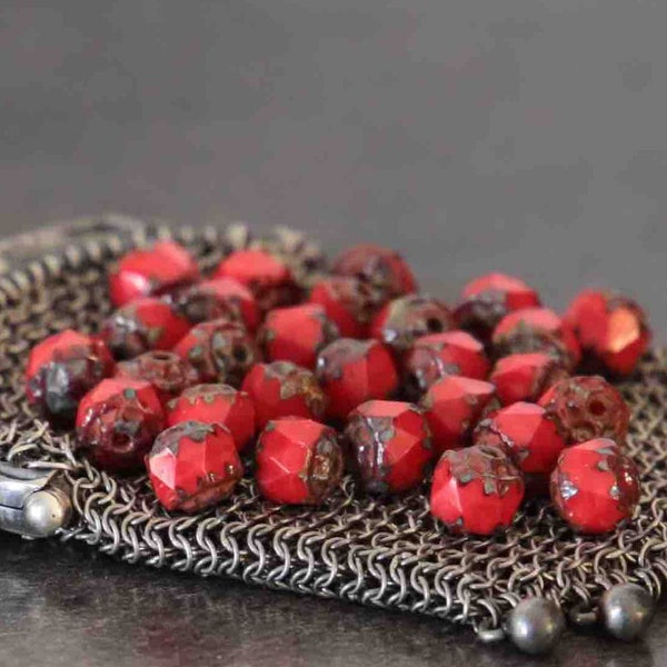Perles verre tchèque cathédrale rouge facettes Picasso bronze rustique /diamètre 6mm-6pcs /perles baroques /verre de bohème