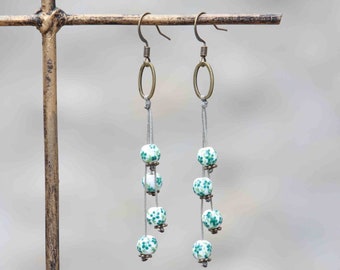Green flowers porcelain earrings /nickel free brass