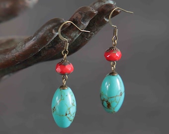 Howlite turquoise stone earringsCzech glass with redlaiton without nickel