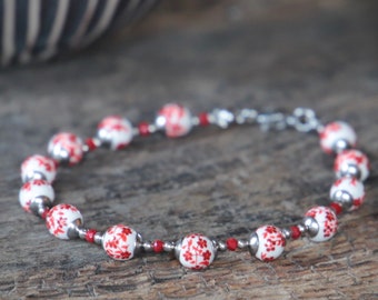 Bracelet flowers red and white porcelain/stainless steel/ceramic