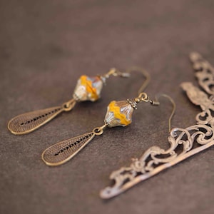 Mustard Yellow Faceted Czech Glass Earrings-Brass Filigree Pearl