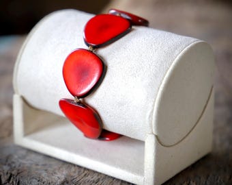 rode gevlochten tagua armband / plantaardig ivoor / palmblad