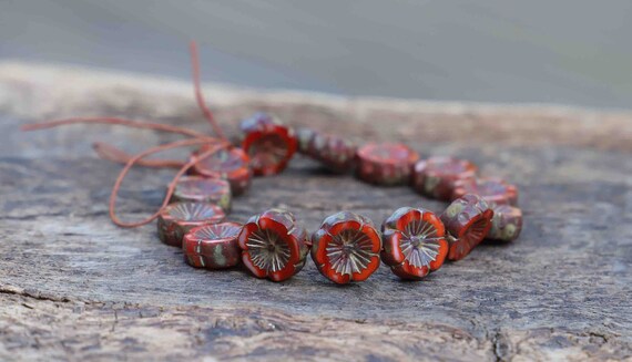 Perles fleurs hibiscus orange verre tchèque finition Picasso 14x5mm-2pcs