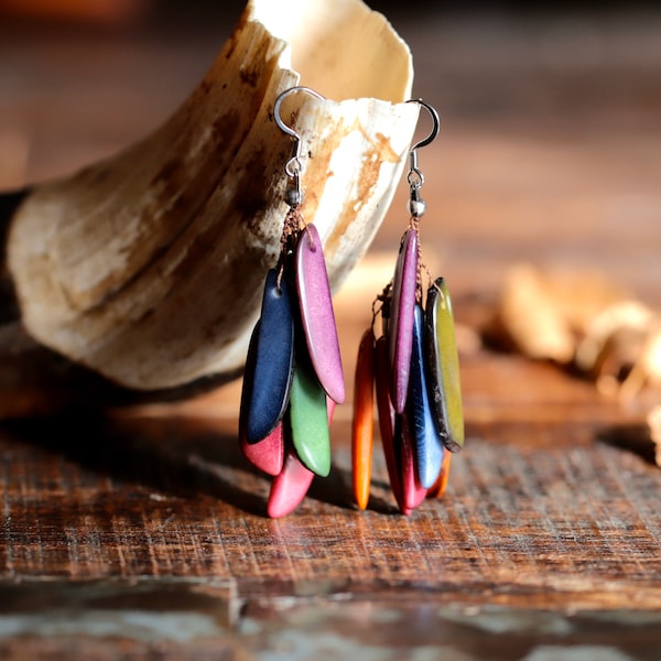 Vegetable ivory earrings in autumnal multi-colored strips/stainless steel silver clasp/tagua