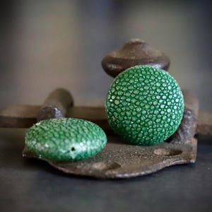 Può includere: Due bottoni rotondi verdi con una superficie testurizzata. I bottoni sono realizzati in pelle di razza e hanno un motivo unico e naturale.