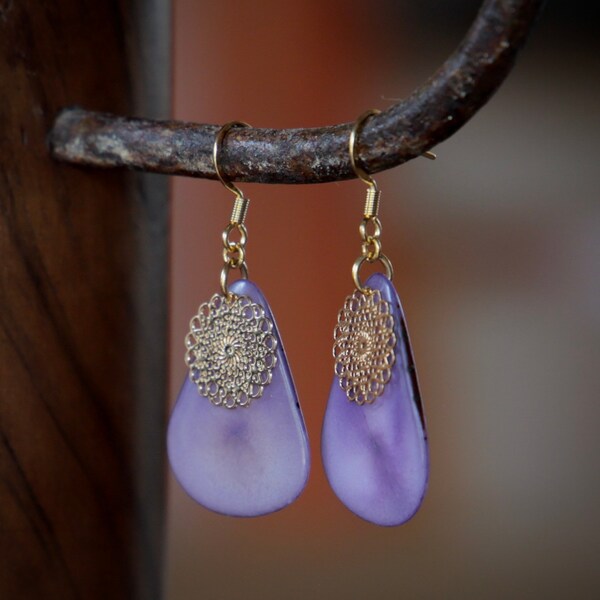 Purple Tagua earrings / golden stainless steel clasp / vegetal ivory