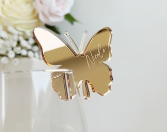 Charm para bebidas con forma de mariposa y espejo dorado, tarjeta de lugar personalizada, decoración de mesa para bodas.