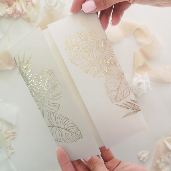 Monstera Gold Foil Stamping on White TranslucentVellum Wraps, Jackets for A7 Invitation Cards,  5x7 inches