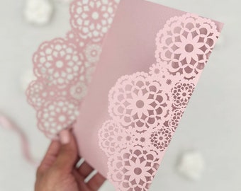 Pink Laser Cut Lace Wedding Cover for 5x7 Wedding Invitation,  DIY invitation, Laser Cut Lace Jacket, Handmade