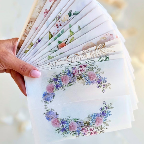 Set of 5 Samples of  Vellum Jackets with FREE delivery , Floral Vellum Wrap For 5 x 7 Cards, DIY Invitation